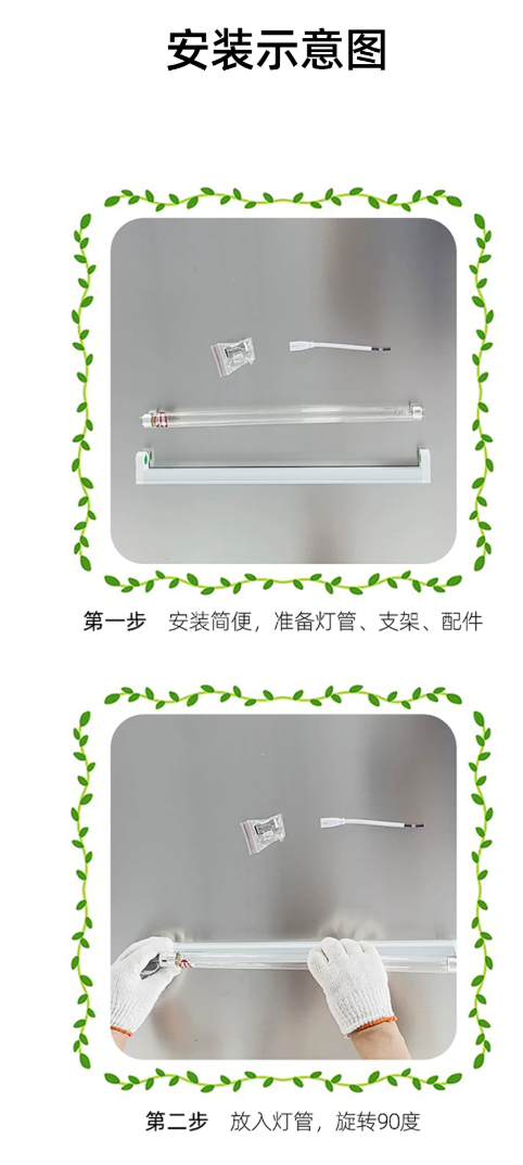 步骤 01—02：配件核对与灯管装入示意